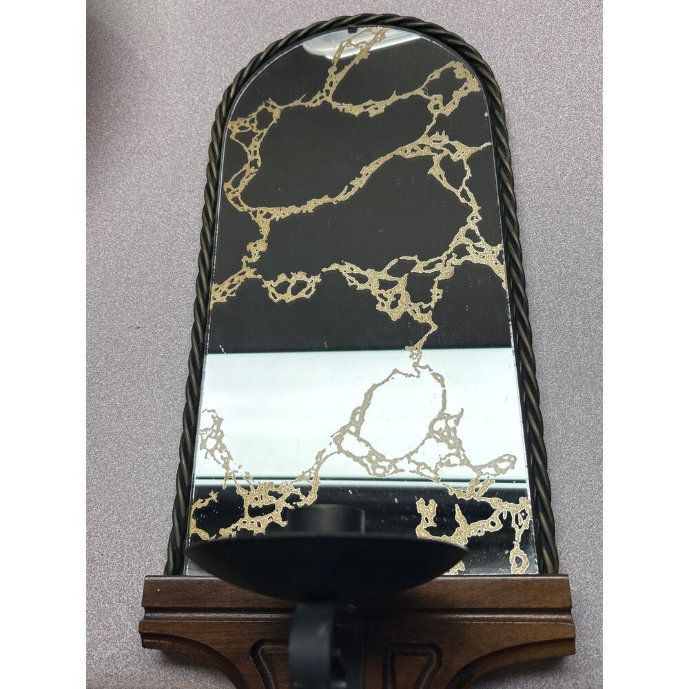 Vintage Homco Mirrored Candle Wall Sconce Gold Vein Wood Base